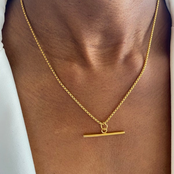 Gold T Bar Chain Necklace, Gold Box Chain Toggle Bar Necklace, T Bar Pendant Necklace, Men & Women Box Chain Necklace, Toggle Necklace