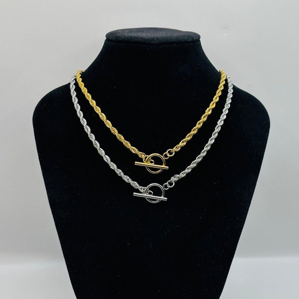 Stainless Steel Twist Rope Toggle Necklace, Gold Toggle Chain, Rope Chain Necklace, Toggle Choker, Layering Jewelry, Stackable Necklace