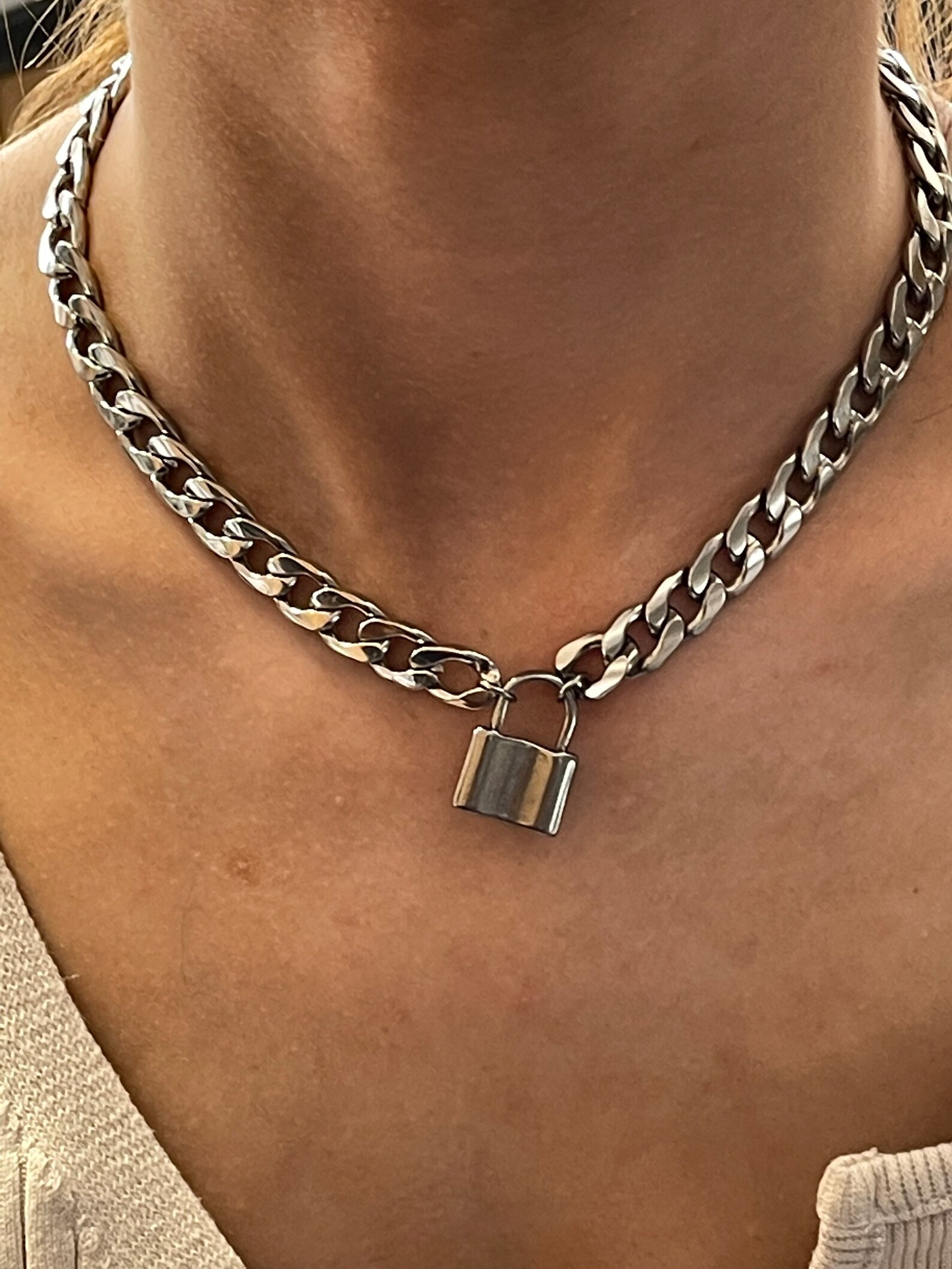 Chunky Curb Chain Padlock Necklace Padlock Choker Necklace Etsy