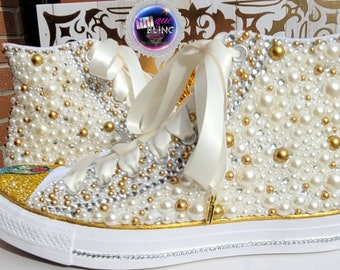 Wedding High Top Canvas Rhinestone and Pearl Shoes