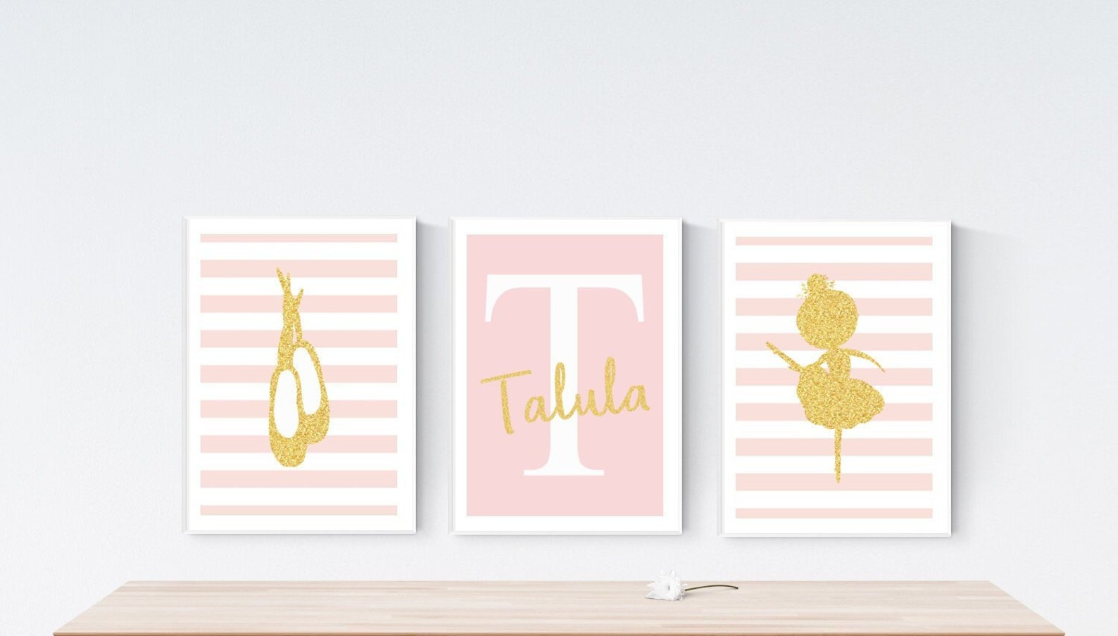 set of 3 ballet ballerina prints | personalised name | modern pink & white girl's room decor | faux glitter | nursery baby p