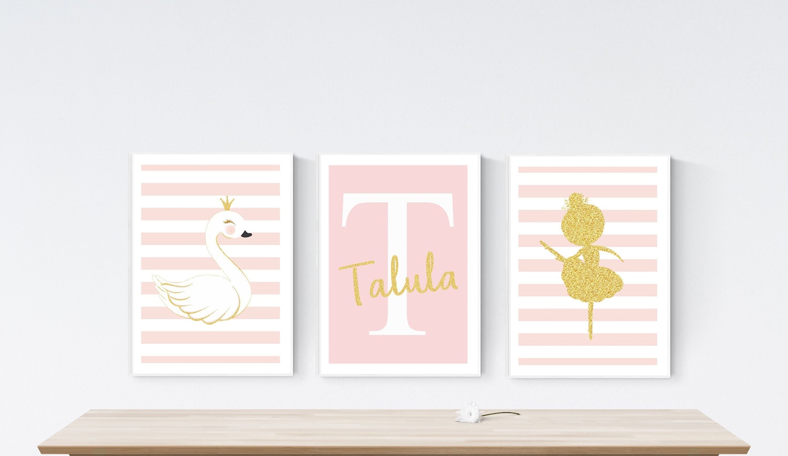 set of 3 ballet ballerina swan prints | personalised name | modern pink & white girl's room | faux glitter | nursery baby pi