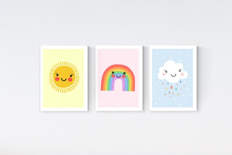 3 Cute Sun Cloud Moon /& Stars Nursery Prints Kawaii Modern Wall Art Pictures