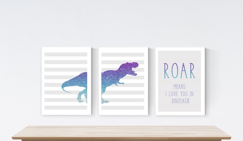 Nursery Prints Personalised Name Set of 3 prints Dinosaur Boy Girl Roar