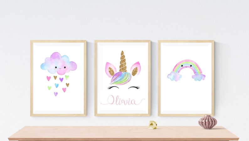3 Personalised Rainbow Unicorn Prints Modern Nursery Room Wall Art Pictures