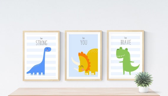 Nursery Dinosaur Pictures set of 3 Prints for Baby Boy Girl Ideal Gift keepsake