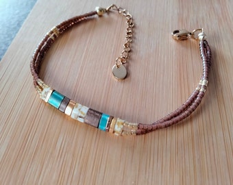 Bracelet perle Miyuki Tila et délica tons marron et bleu