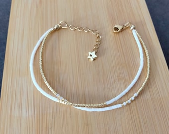 Bracelet double élégant perles Miyuki delica blanc et doré