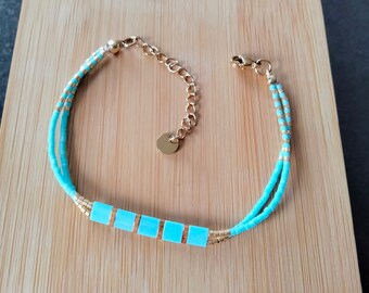 Bracelet élégant perles Miyuki Tila et délica turquoise bleu mat et doré