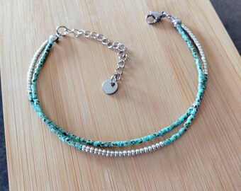 Bracelet double perle Miyuki délica turquoise et argent