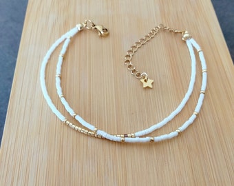 Bracelet en double perle Miyuki délicat blanc et doré