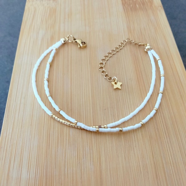 Bracelet en double perle Miyuki délicat blanc et doré