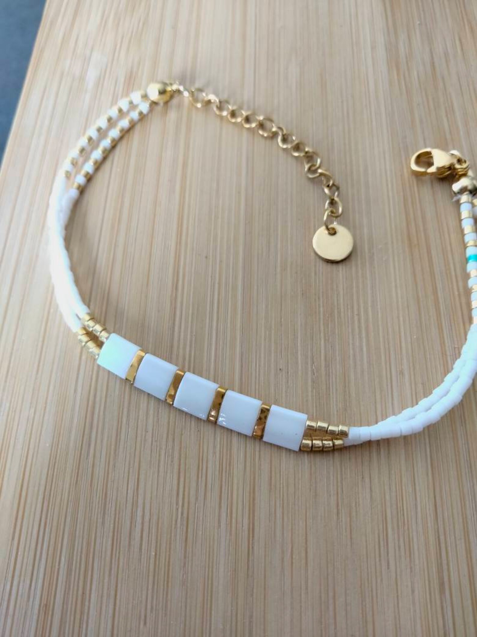 Bracelet Perles Miyuki Delica - Ajustable, Fait Main France, Noir Blanc Bronze