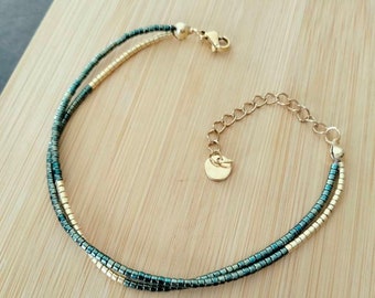 Bracelet double perle Miyuki délica vert irisé