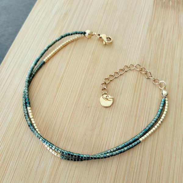 Bracelet double perle Miyuki délica vert irisé