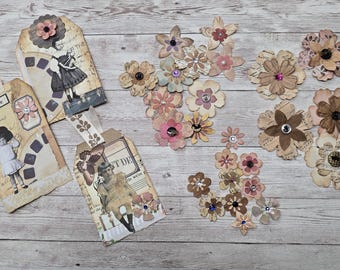 Handmade Paper Flowers - Vintage book, punch, Junk Journal, ephemera, crafts, tea dyed, kraft, paper, stamped w/buttons, snaps & gems.