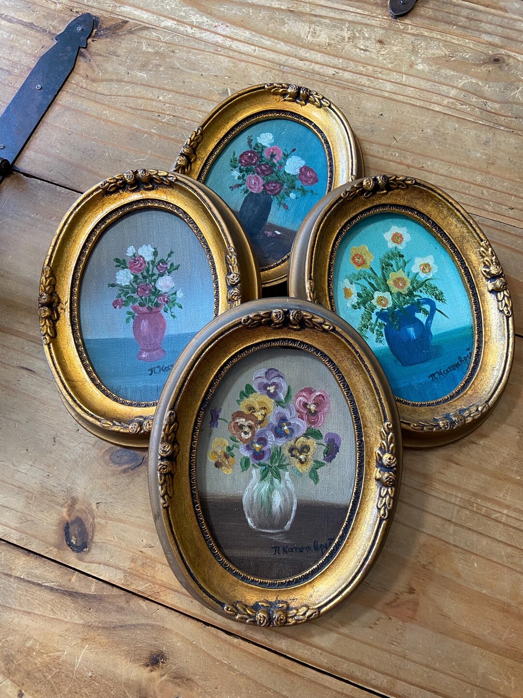 Vintage Oval Gold Frame Acrylic Original Paintings, Flower Painting ...