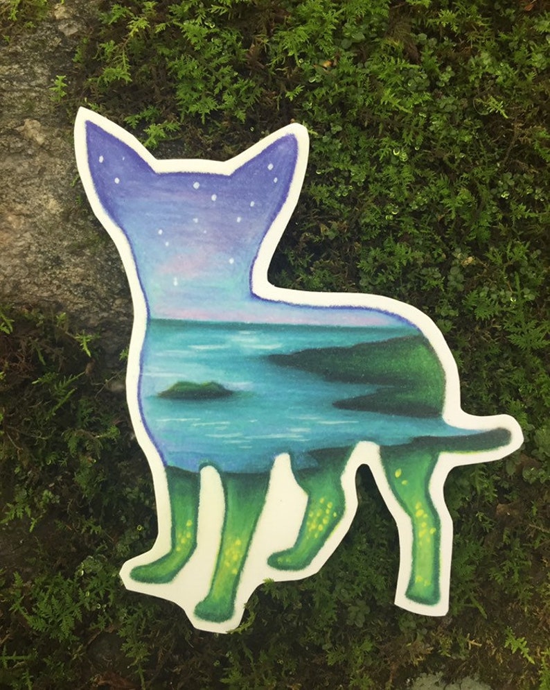 May include: A die-cut sticker in the shape of a dog, featuring a landscape scene. The top portion depicts a starry night sky, transitioning to a seascape with blue and green hues. The dog's legs are green with yellow accents.