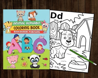 May include: A black and white coloring book featuring an alphabet with animals. The cover shows the letters A, B, and C with a cat, a bird, and a panda. The book also includes the text "Animal Alphabet Coloring Book" and "Bookcreators Publishing".