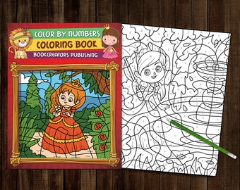 May include: Color by numbers coloring book featuring a princess in a red dress with a crown, holding a flower. The book has a title that reads "Color by Numbers Coloring Book" and "Bookcreators Publishing".