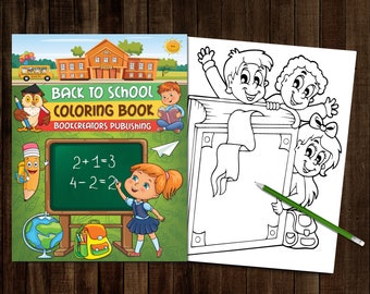 May include: A colourful back to school colouring book with a green cover featuring a school building, a girl with a backpack, and a chalkboard with maths problems. The title of the book is "Back to School Colouring Book" and the subtitle is "Bookcreators Publishing".