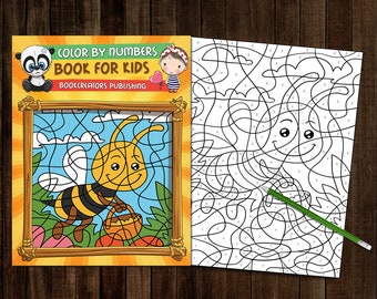May include: Color by numbers book for kids featuring a bee with a honey pot. The book has a title that reads "Color by Numbers Book for Kids" and "Bookcreators Publishing".