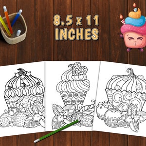 May include: Three printable coloring pages featuring detailed cupcake designs with intricate patterns and floral accents. Each page measures 8.5 x 11 inches.