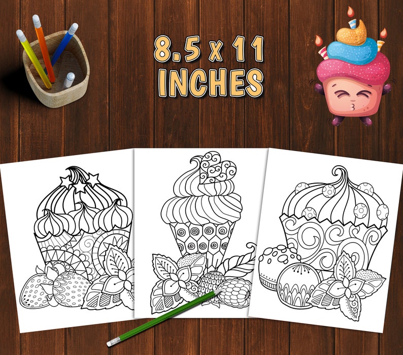 May include: Three printable coloring pages featuring detailed cupcake designs with intricate patterns and floral accents. Each page measures 8.5 x 11 inches.