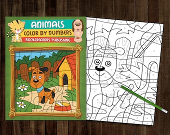 May include: Color by numbers activity book featuring a cartoon dog and a doghouse. The book cover has the title "Animals Color by Numbers" and the text "Bookcreators Publishing".