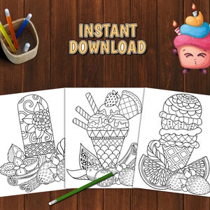 May include: Three black and white coloring pages featuring ice cream cones and popsicles. The ice cream cones are decorated with swirls and patterns. The popsicle is decorated with a flower design. The coloring pages are perfect for adults and children who enjoy coloring.