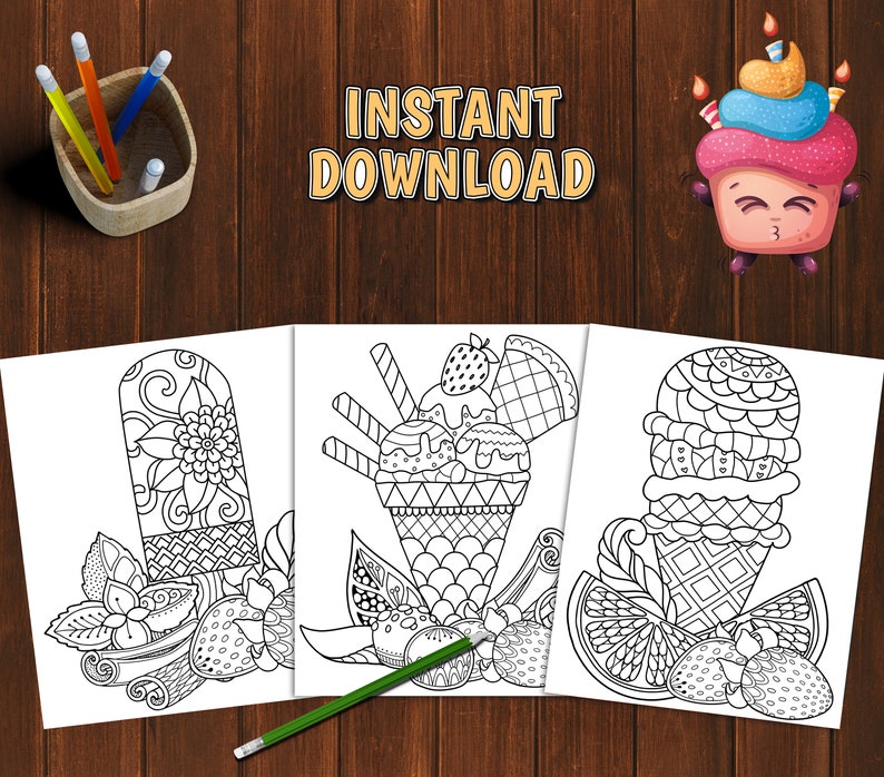 May include: Three black and white coloring pages featuring ice cream cones and popsicles. The ice cream cones are decorated with swirls and patterns. The popsicle is decorated with a flower design. The coloring pages are perfect for adults and children who enjoy coloring.
