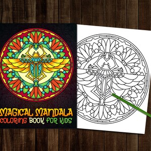 May include: A coloring book page featuring a colorful mandala with a scarab beetle design. The mandala is surrounded by a black background with a decorative pattern. The text "Magical Mandala Coloring Book for Kids" is at the bottom of the page. The right side of the image shows a black and white outline of the mandala for coloring.