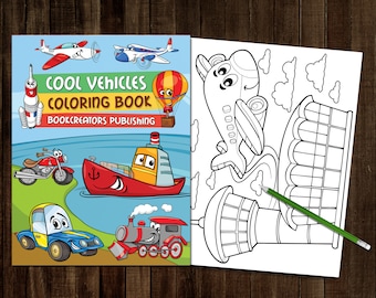 May include: A coloring book with the title "Cool Vehicles Coloring Book" and the publisher "Bookcreators Publishing". The cover features illustrations of a red and yellow airplane, a red and yellow hot air balloon, a red and yellow ship, a red and yellow motorcycle, a blue and yellow car, and a blue and yellow train.