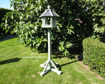 Large Hexagonal Bird table in Willow, Natural slate roof. Handmade in our joinery workshop in Derbyshire by www.ambervalleybirdtables.co.uk