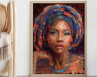 Beautiful Woman in a Turban, Maximalist African Mosaic, Woman Wall Art for Bold Home Decor