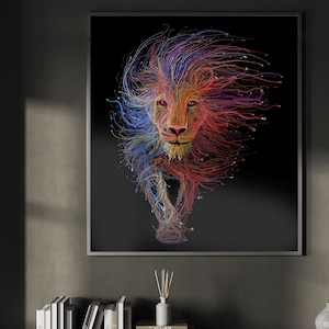 May include: A colorful abstract art print of a lion's head with a black background. The lion's mane is made up of colorful lines and swirls.