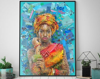 Jamaica Girl Illustration art with Reggae Record, Jamaican History Mosaic, Vibrant Jamaican History Decor