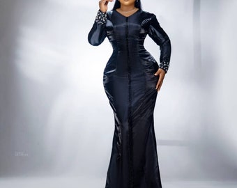 Black Embellished Satin Gown with Beads and Rhinestone Embellished Dress