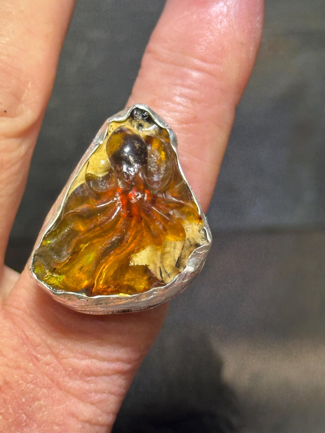 Carved Baltic Amber Octopus Handmade Sterling Silver Ring UK Size Q - Etsy