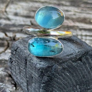 Fluortie and Teal Kyanite Handmade Sterling Silver Ring UK Size Q