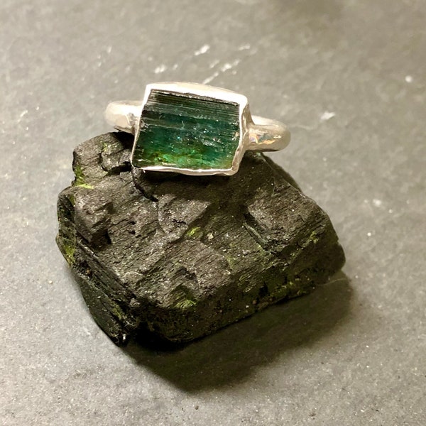 Green Tourmaline Sterling Silver Ring UK Size R
