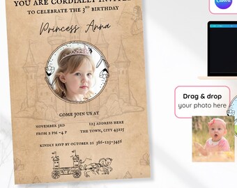Invito di compleanno da principessa in formato Canva / Festa a tema fiabesco modificabile / Download immediato