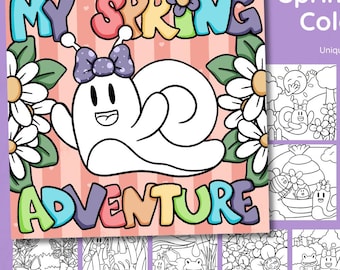 Libro da colorare primaverile per bambini / L'avventura di Daisy la lumaca / Scene primaverili disegnate a mano / Materiale stampabile per la scuola dell'infanzia