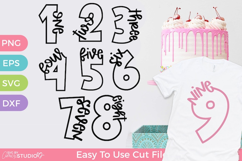 May include: A set of black and white number cut files for crafting. The numbers are written in a handwritten style and include the numbers one through nine and the number seventeen. The numbers are displayed on a white background. The image also includes a pink cake with white frosting and a white t-shirt with a pink number nine.