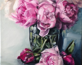 Still Life Painting / Floral Oil Painting / Original Oil painting / Oil Painting of Peonies/ Peonies in Glass / "Solace" (128)