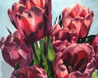 Pintura / 8" x 8" / Pintura al óleo / Arte floral / Arte original / Óleo sobre lienzo / Primavera / Naturaleza muerta / Tulipanes / Flores / "Sunshine" #05