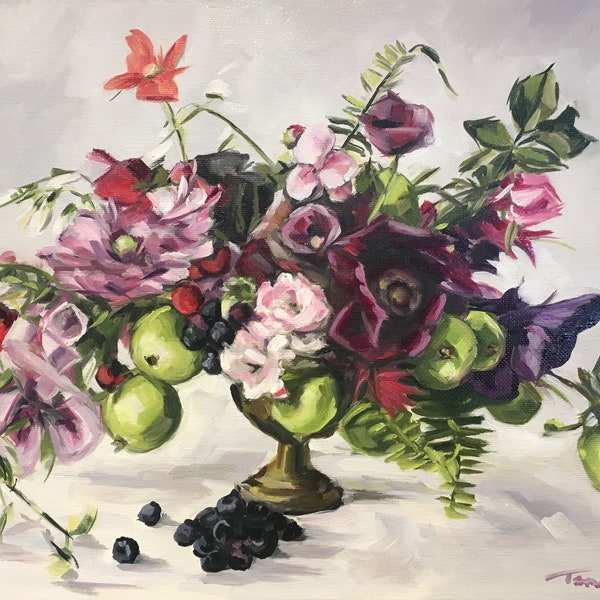 Nature morte / 11 » x 14 » / Peinture à l’huile florale, Art floral, Violet et vert, Nature morte traditionnelle, « Fruits et fleurs » - (#19-02)