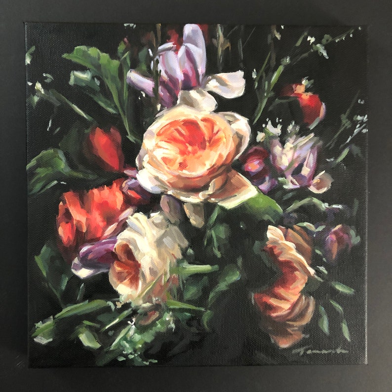 Floral Oil Painting, 10 X 10, Original Art, Floral Art, Dark Still Life