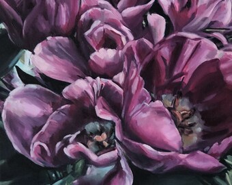 Oil Painting/ 12" x 12" / Floral Painting/ Impressionist/ Original Art / Spring/ Tulips/ Purple - Pink / Oil on Canvas/ "Nestled" (#19-43)