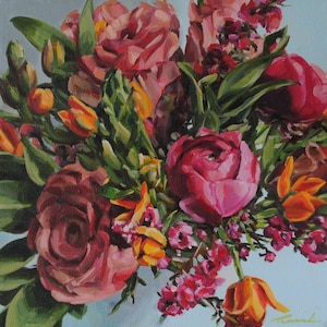 Impressionist Art, 10&quot; x 10&quot;, Floral Oil Painting, Original Art, Floral Still Life, Roses, Flowers, Floral Mix, &quot;Eruption&quot; (#20-16)